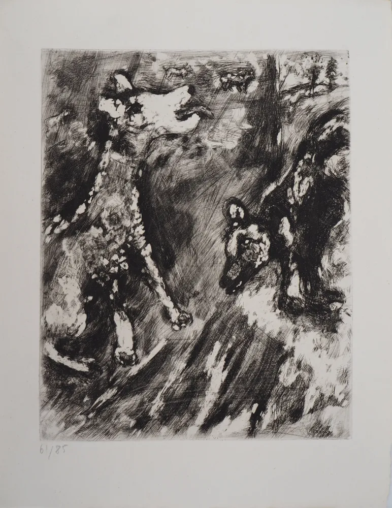 版画 Chagall - Deux chiens au jardin (La lice et sa compagne)
