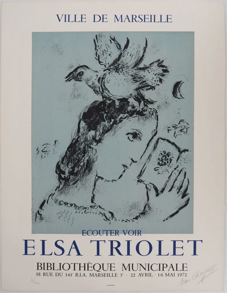 石版画 Chagall - Elsa Triolet : Femme à l'oiseau