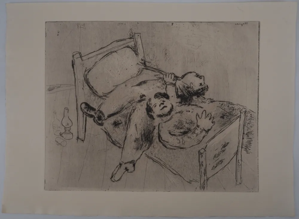 版画 Chagall - Etendus sur le lit