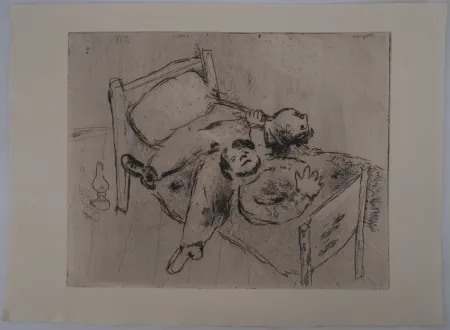 版画 Chagall - Etendus sur le lit