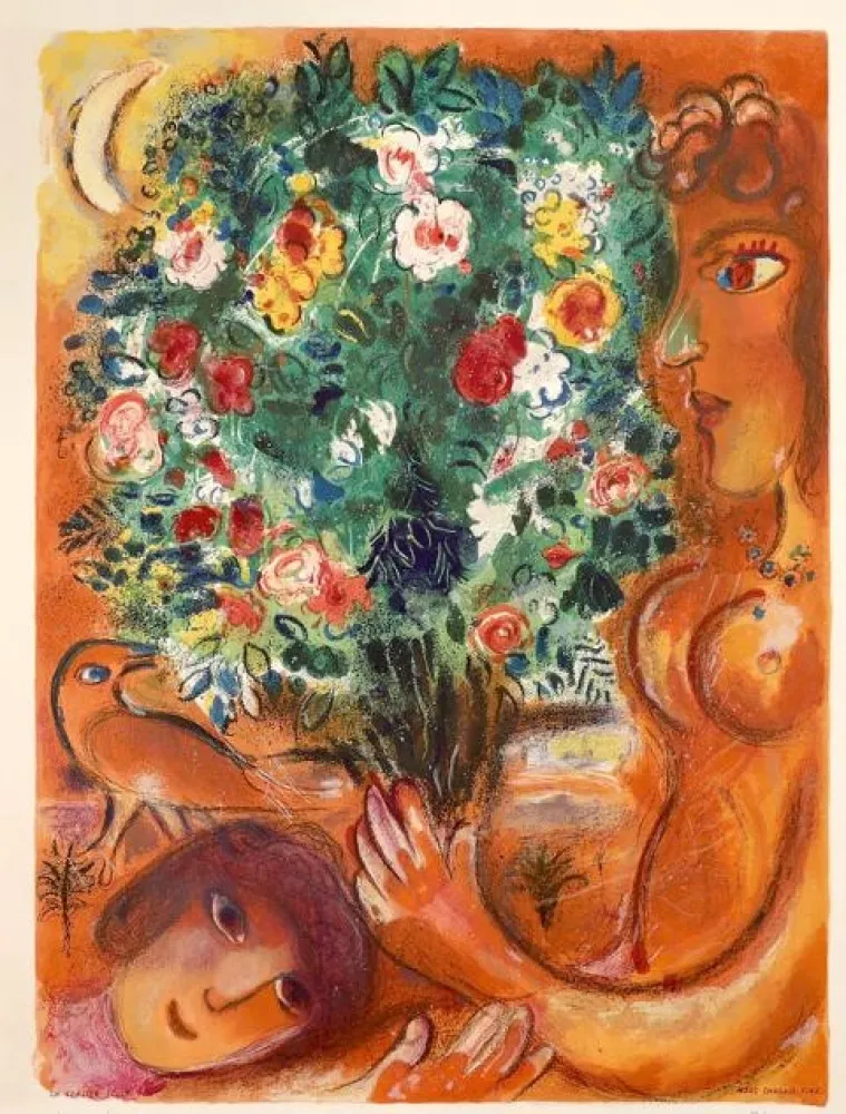 石版画 Chagall - Femme au bouquet (Woman with Bouquet)