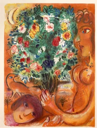 石版画 Chagall - Femme au bouquet (Woman with Bouquet)