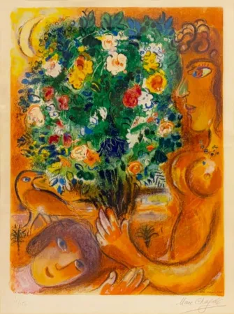 石版画 Chagall - Femme au bouquet (Woman with Bouquet)