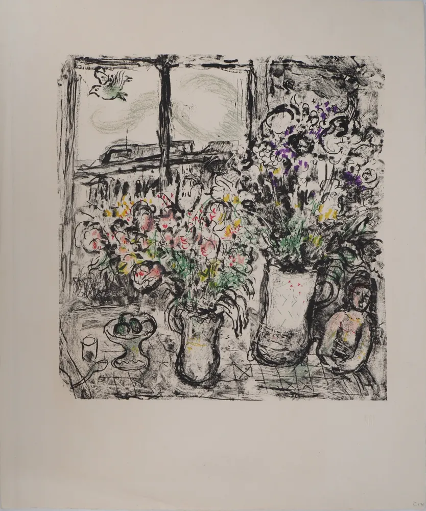 石版画 Chagall - Fleurs devant la fenêtre