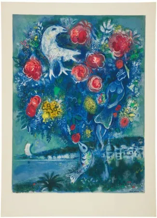 石版画 Chagall - La baie des Anges au bouquet de roses (Angel Bay with a Boquet of Roses)