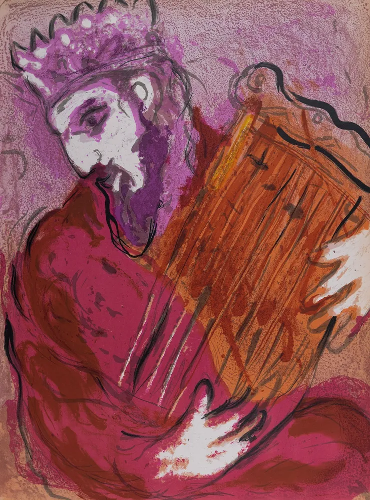 石版画 Chagall - La Bible : David à la harpe, 1956