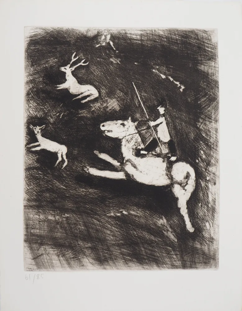 版画 Chagall - La chevauchée (Le cheval s'étant voulu venger du cerf)