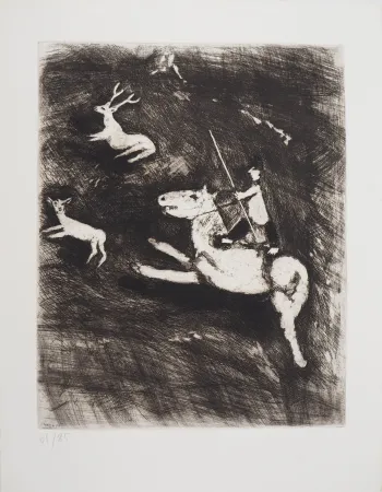 版画 Chagall - La chevauchée (Le cheval s'étant voulu venger du cerf)