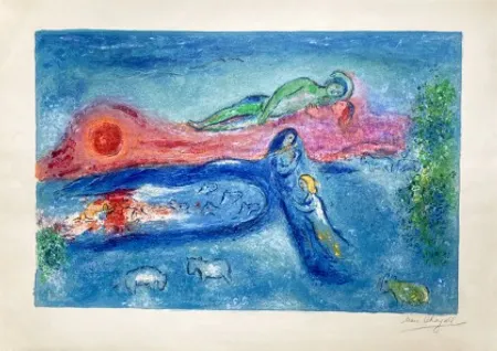 石版画 Chagall - LA MORT DE DORCON, signée à grandes marges (Daphnis et Chloé - 1961)