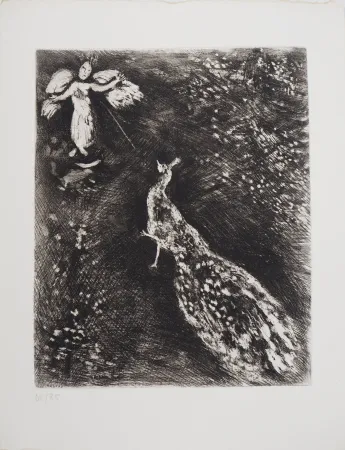 版画 Chagall - L'ange et le paon (Le paon se plaignant  Junon)