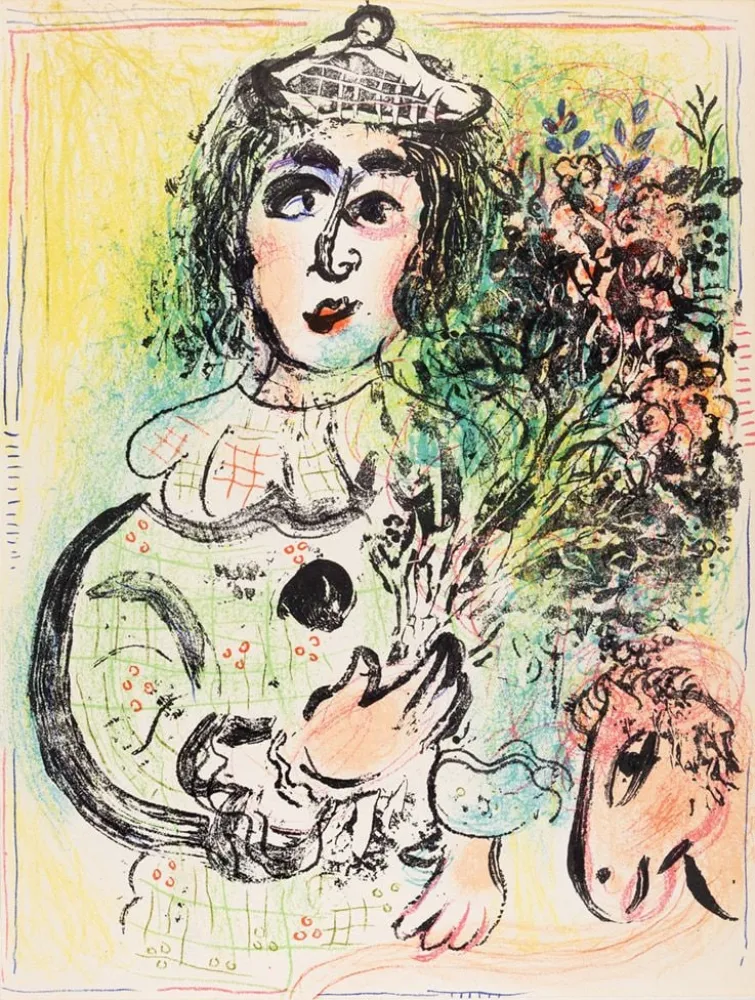 石版画 Chagall - Le clown fleuri