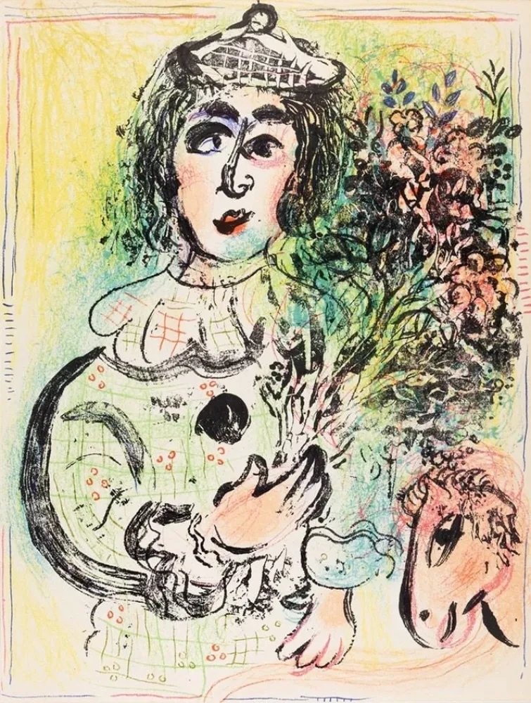 石版画 Chagall - Le clown fleuri 