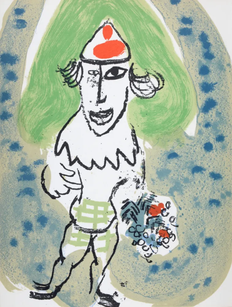石版画 Chagall - Le clown vert avec bouquet de fleurs, 1966