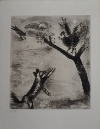 版画 Chagall - Le coq et le renard