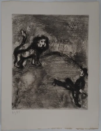 版画 Chagall - Le lion et le chasseur