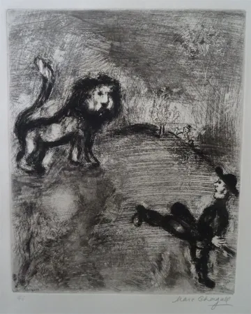 蚀刻版画 Chagall - Le Lion et les Chasseurs