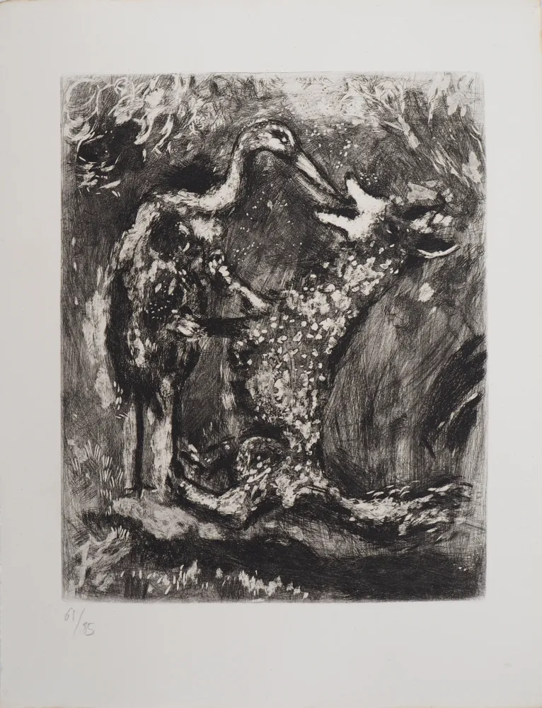 版画 Chagall - Le loup et la cigogne