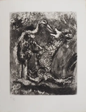 版画 Chagall - Le loup et la cigogne