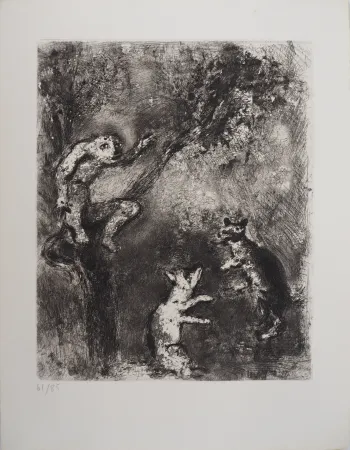 版画 Chagall - Le loup, le renard et le singe (Le Loup plaidant contre le Renard devant le Singe)