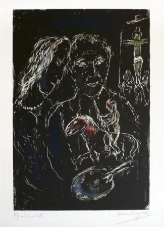 石版画 Chagall - Le peintre sur fond noir