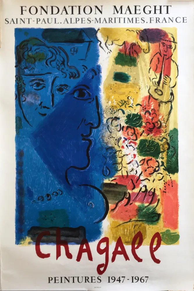 石版画 Chagall - LE PROFIL BLEU (1967) Affiche d'exposition. Lithographie originale.