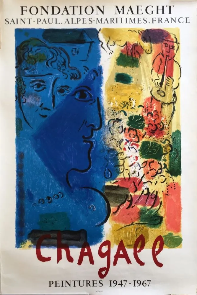 海报 Chagall - LE PROFIL BLEU. Affiche d'exposition. Lithographie originale. 1967.