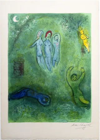 石版画 Chagall - Le songe de Daphnis et les Nymphes (Daphnis' dream and the nymphs)  de la suite Daphnis et Chloé. 1961.