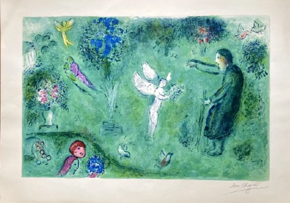 石版画 Chagall - LE VERGER DE PHILETAS, signée à grandes marges (Daphnis et Chloé - 1961)