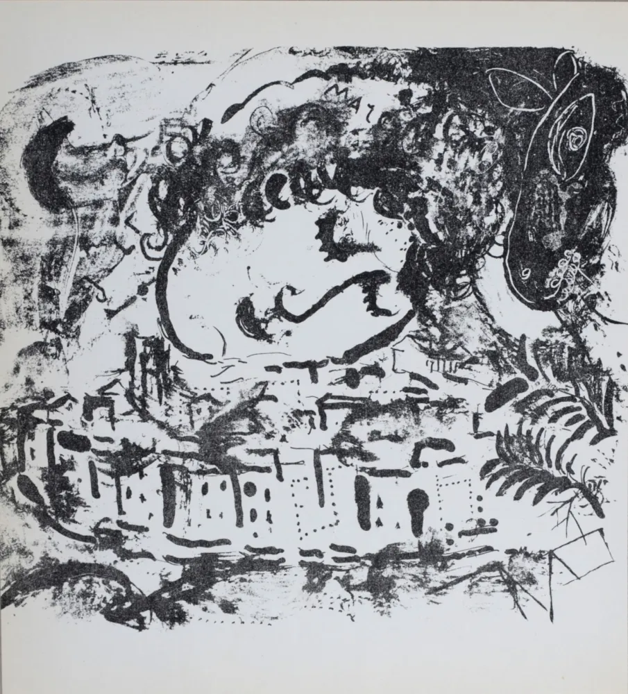 石版画 Chagall - Le Village, Auto-portrait