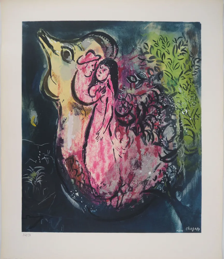 石版画 Chagall - Les amoureux au coq