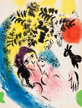 石版画 Chagall - Les Amoureux au Soleil Rouge