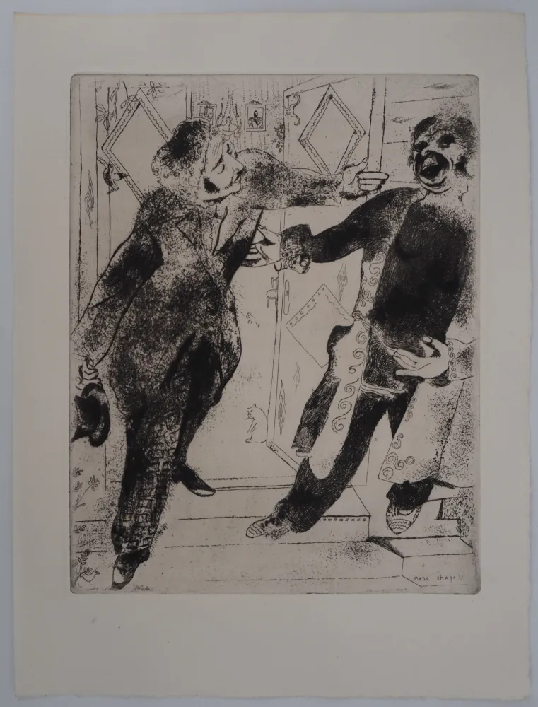 版画 Chagall - Les deux compères (Manilov et Tchitchikov sur le seuil de la porte)