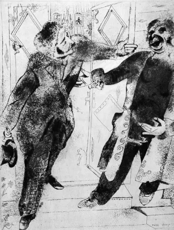 蚀刻版画 Chagall - Manilov et Tchitchikov sur le seuil de la porte