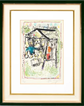 石版画 Chagall - Marc Chagall (1887–1985) - Le Peintre devant le Village I - Color lithograph on Arches paper - 1969