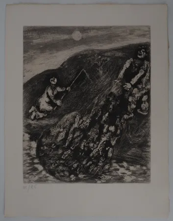 版画 Chagall - Marins, La pêche au filet (Les poissons et le berger qui joue de la flûte)
