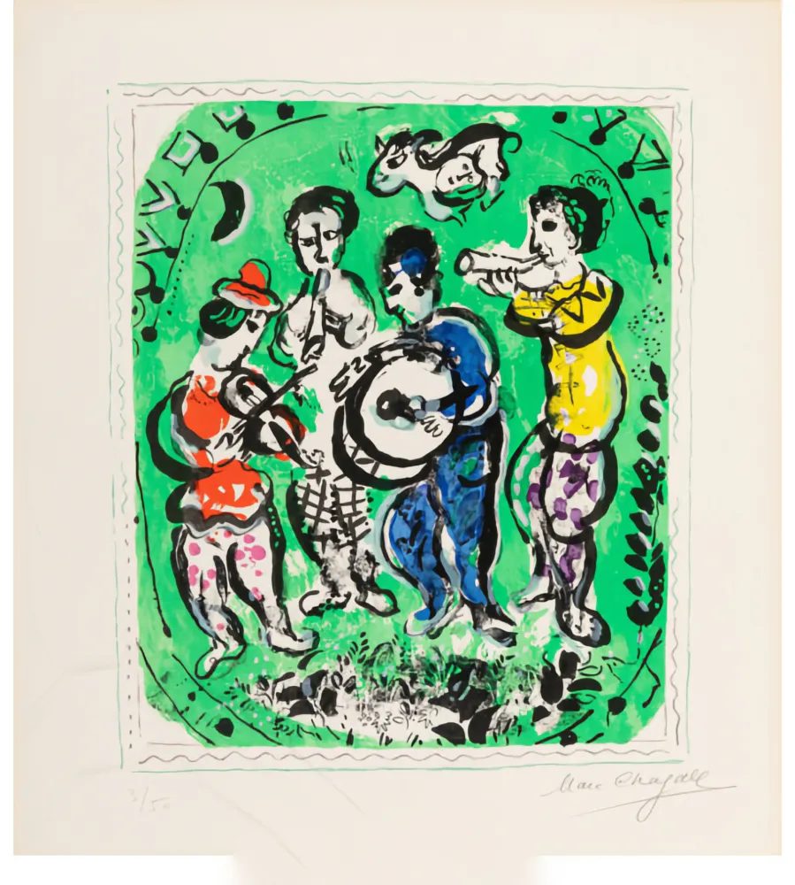 石版画 Chagall - Musiciens sur fond vert
