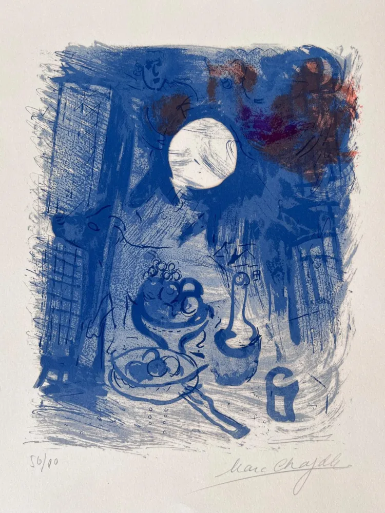 石版画 Chagall - Nature morte bleue 