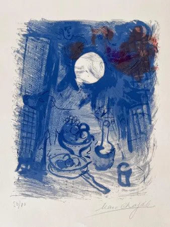 石版画 Chagall - Nature morte bleue 
