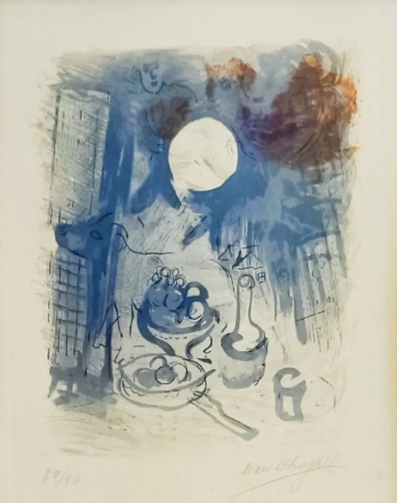 石版画 Chagall - Nature morte bleue