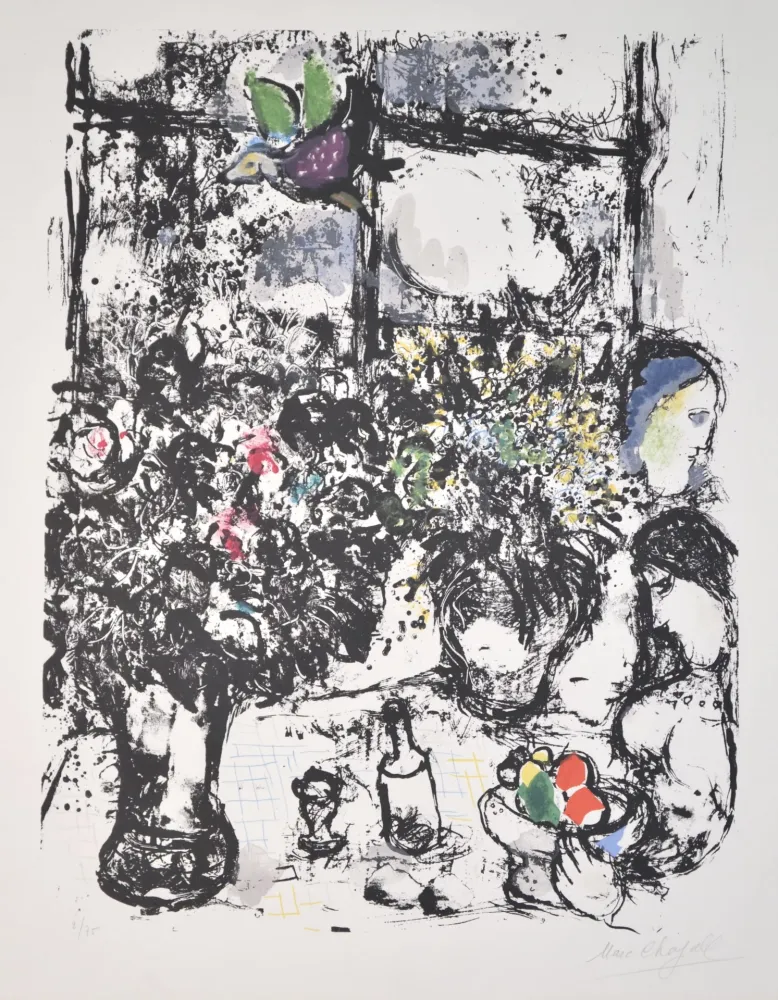 石版画 Chagall - Nature Morte En Bouquet - M299
