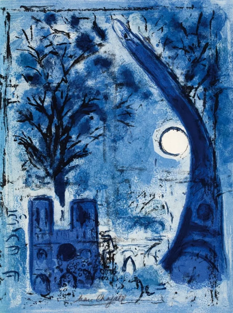石版画 Chagall - Notre Dame et la tour Eiffel