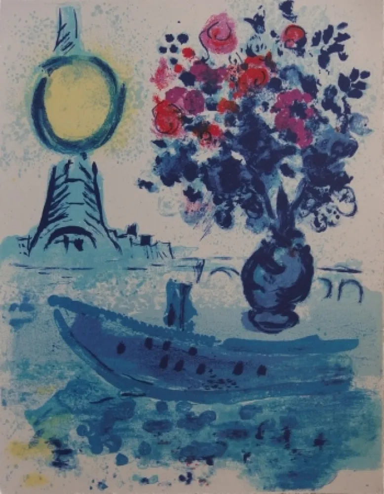 石版画 Chagall - Paris : Bateau mouche au bouquet  - La Seine