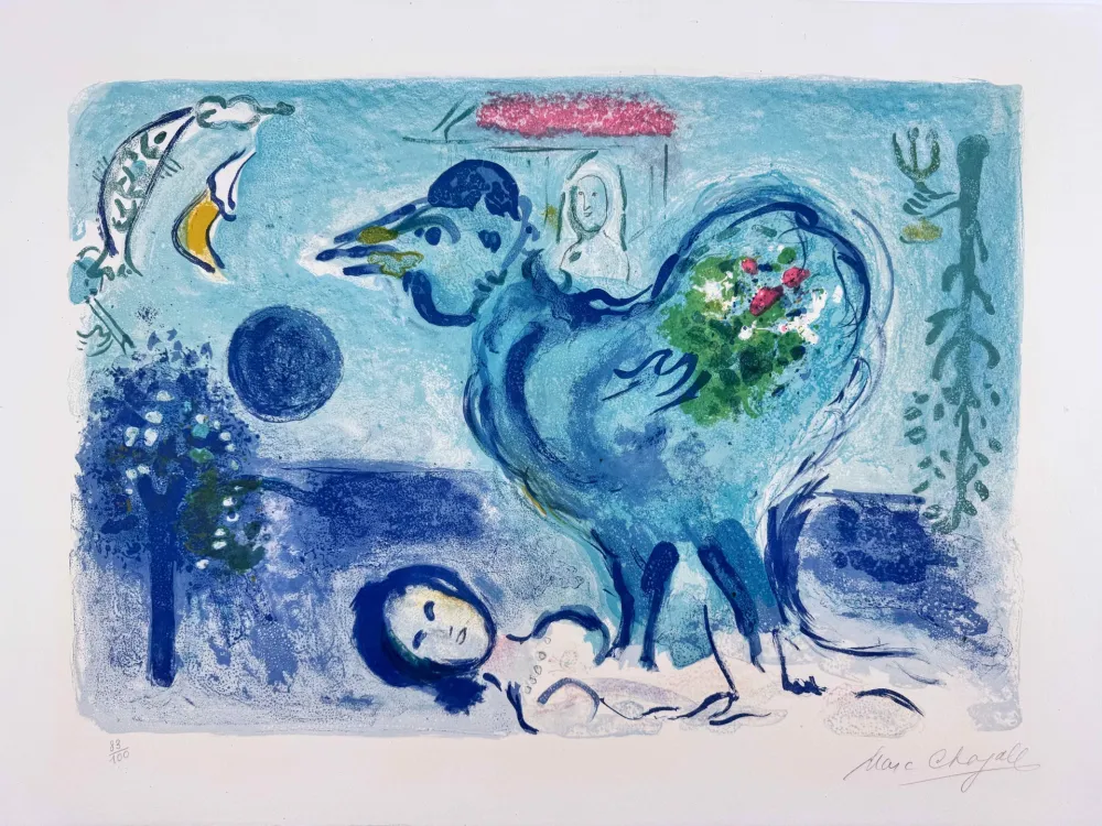 石版画 Chagall -  Paysage au Coq 