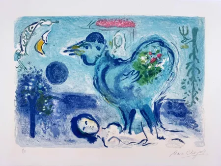 石版画 Chagall -  Paysage au Coq 