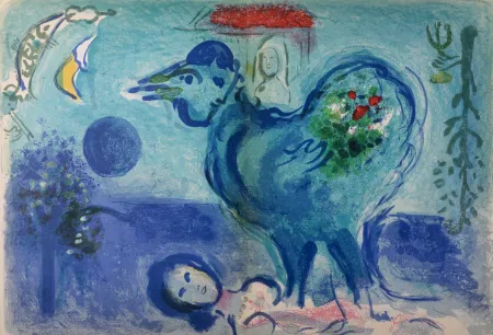 石版画 Chagall - Paysage au Coq, 1958