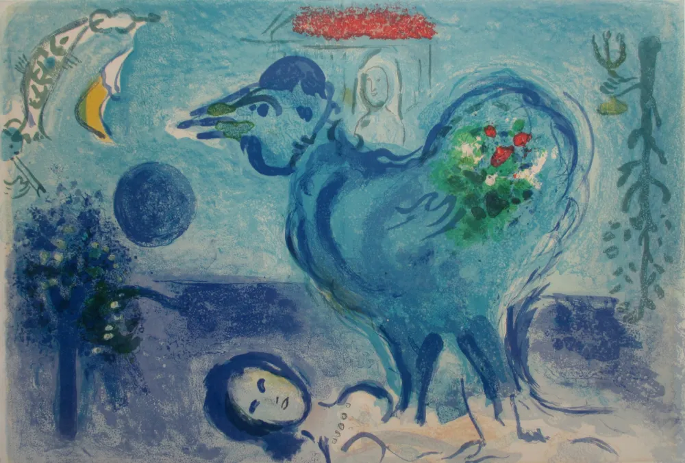 石版画 Chagall - Paysage au Coq /Landscape with Rooster