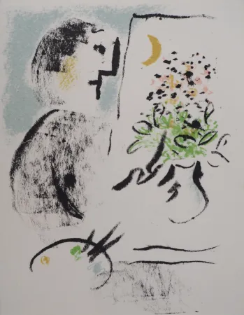 石版画 Chagall - Peintre dans l'atelier