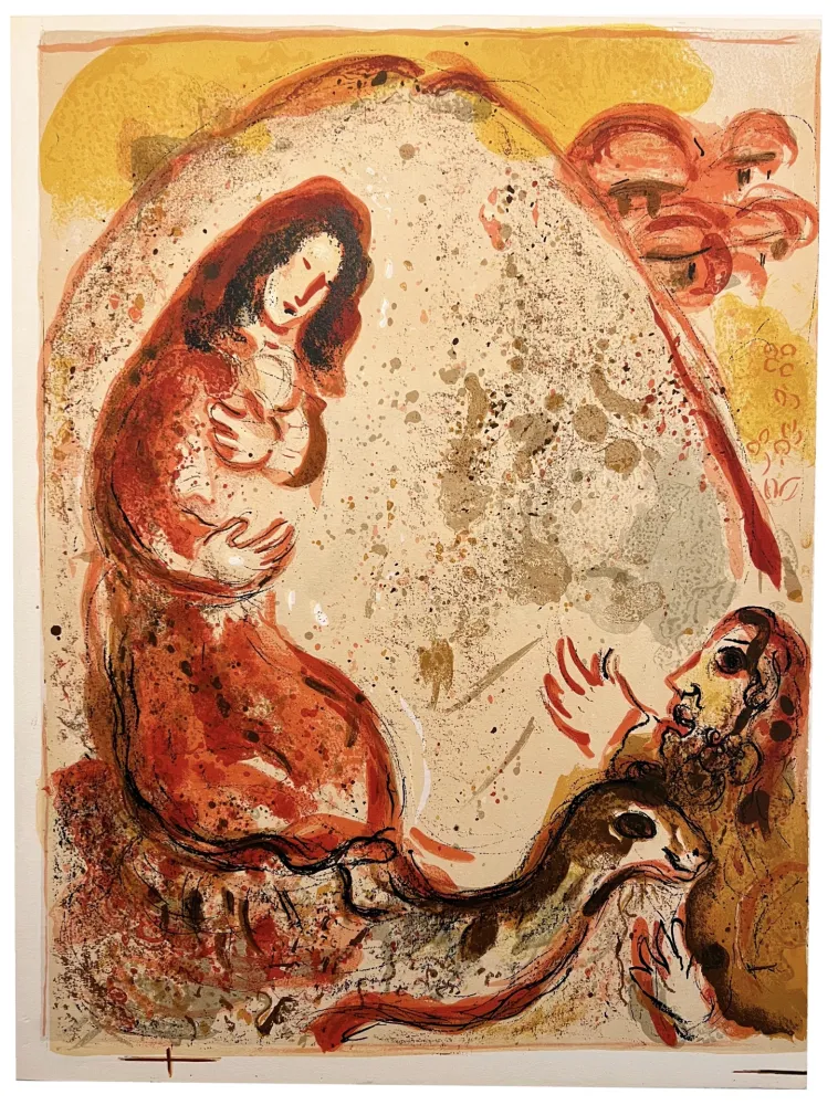 石版画 Chagall - RACHEL DÉROBE LES IDOLES DE SON PÈRE (Dessins pour la Bible, 1960)