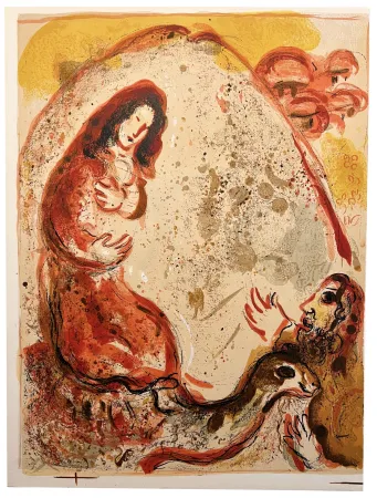 石版画 Chagall - RACHEL DÉROBE LES IDOLES DE SON PÈRE (Dessins pour la Bible, 1960)