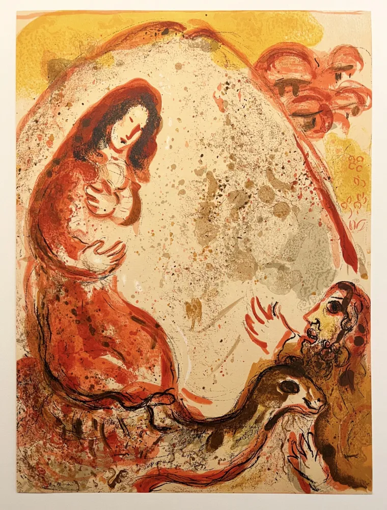 石版画 Chagall - RACHEL DÉROBE LES IDOLES DE SON PÈRE (Dessins pour la Bible, 1960)